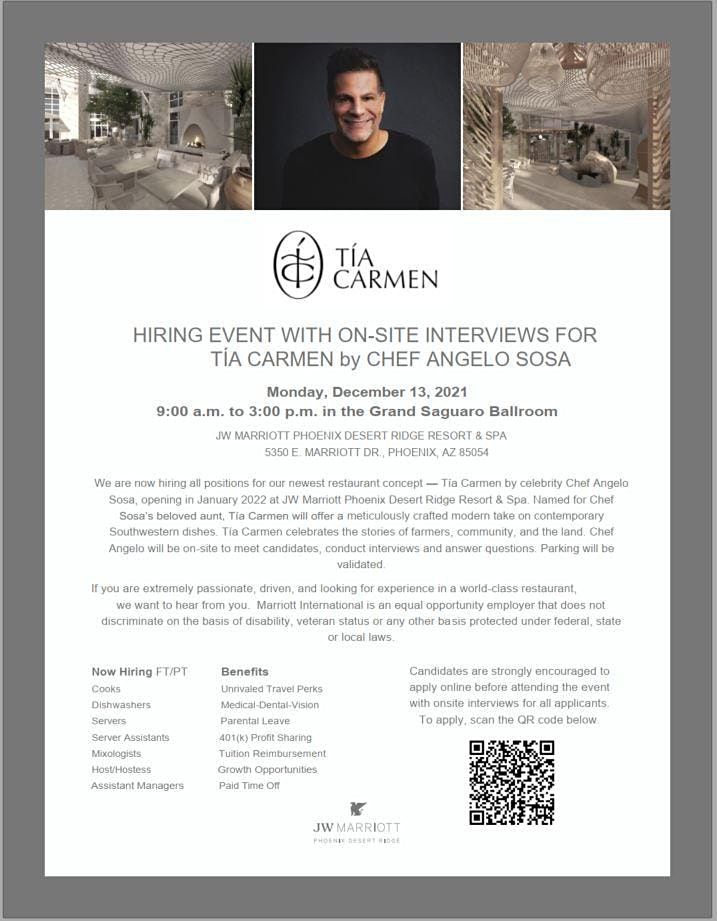 TIA CARMEN UPSCALE RESTAURANT HIRING EVENT HOSTED BY: CHEF ANGELO | JW TIA CARMEN UPSCALE RESTAURANT HIRING EVENT HOSTED BY: CHEF ANGELO | JW