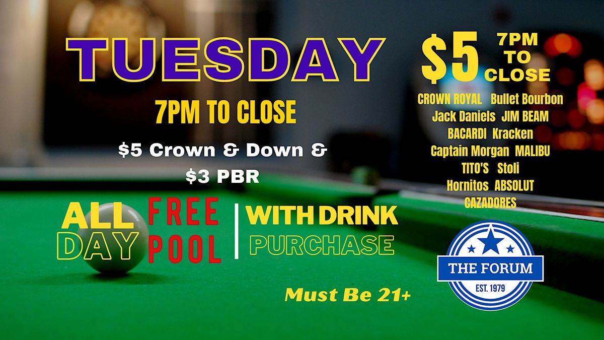 Pool Practice Tuesday FREE Pool Tuesdays with DRINK PURCHASE at The Forum Pub, Richardson on ...