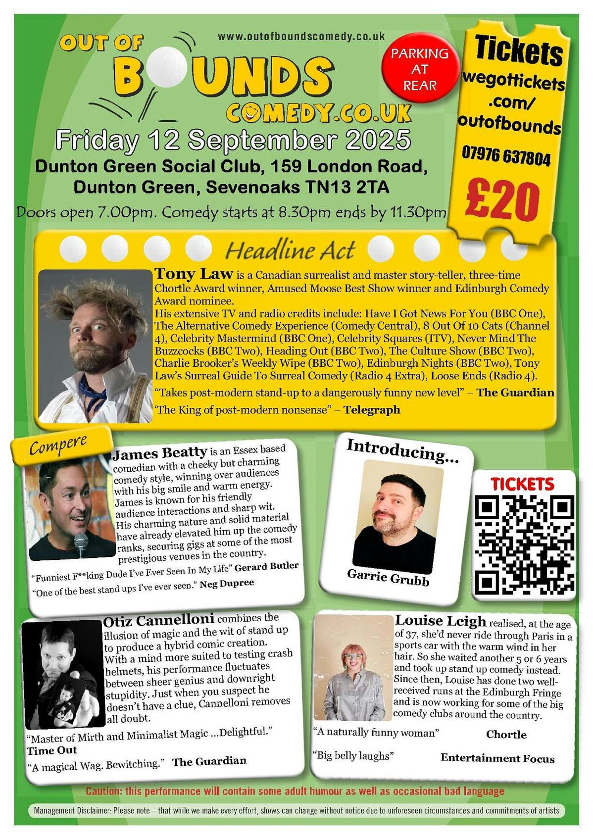 Out of Bounds Comedy Club Sevenoaks with Tony Law + MORE
