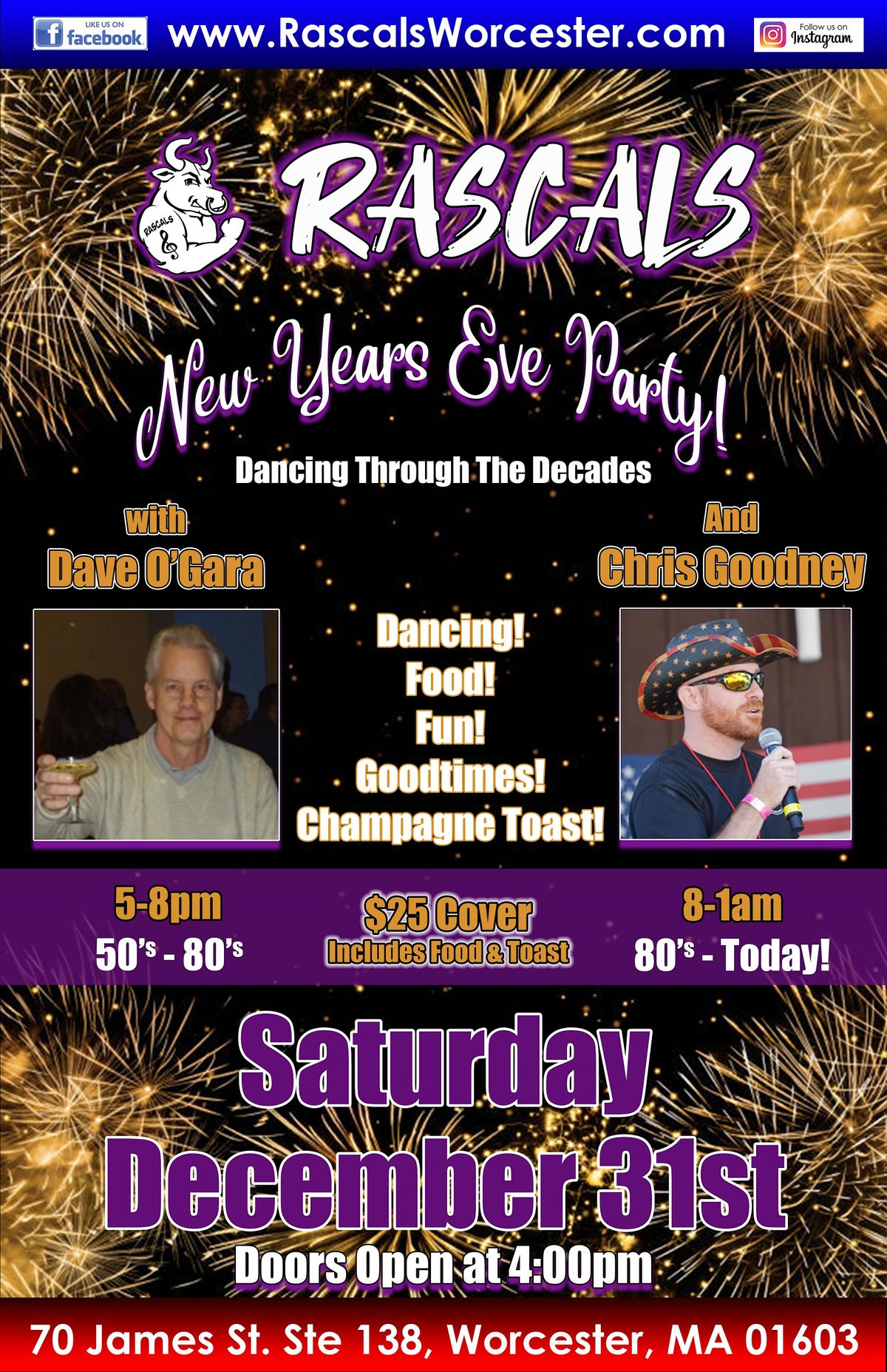 New Years Eve Dancing Through The Decades! Rascals, Worcester, MA