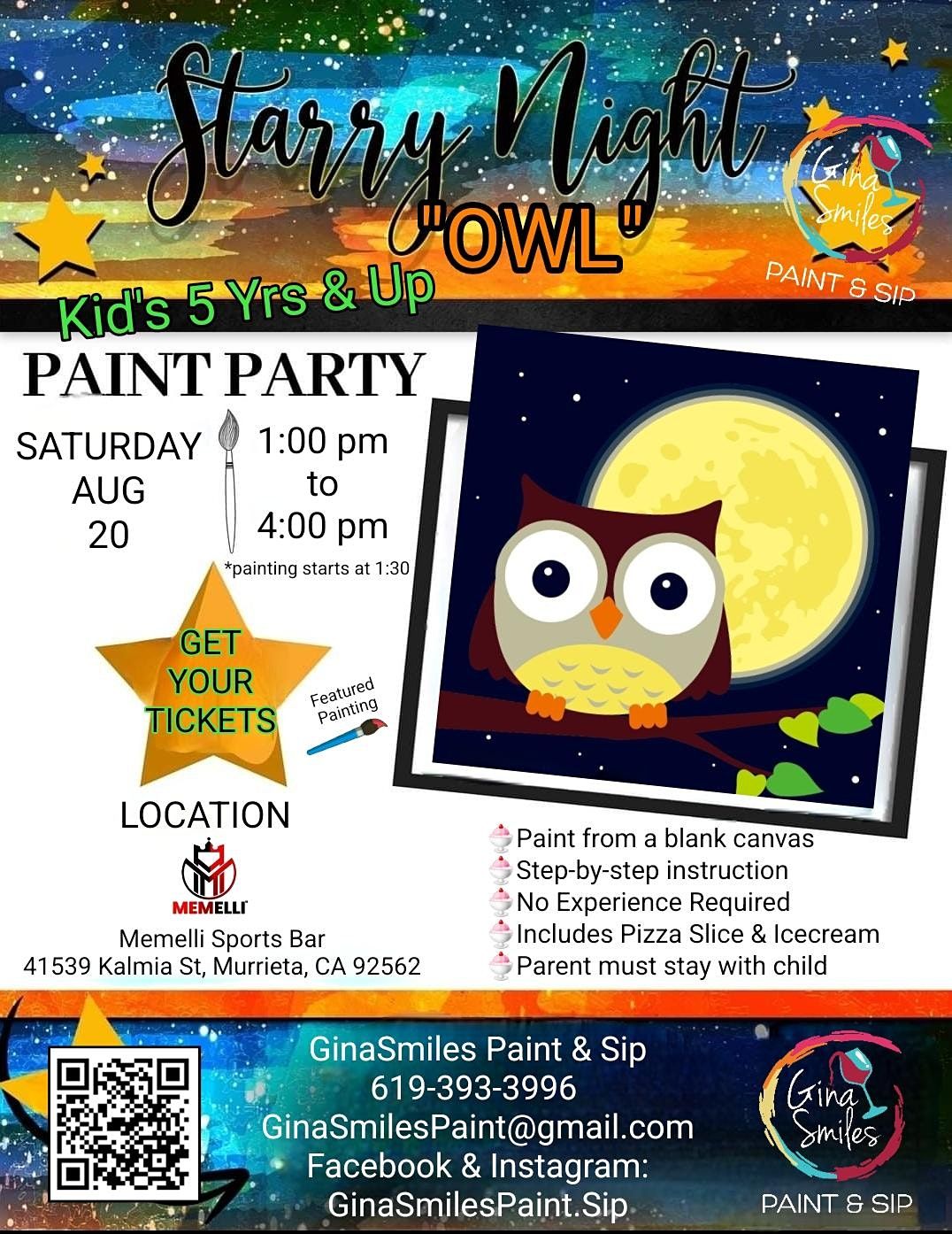 Kids Paint Party Starry Night "OWL" Memelli Sports Bar, Murrieta