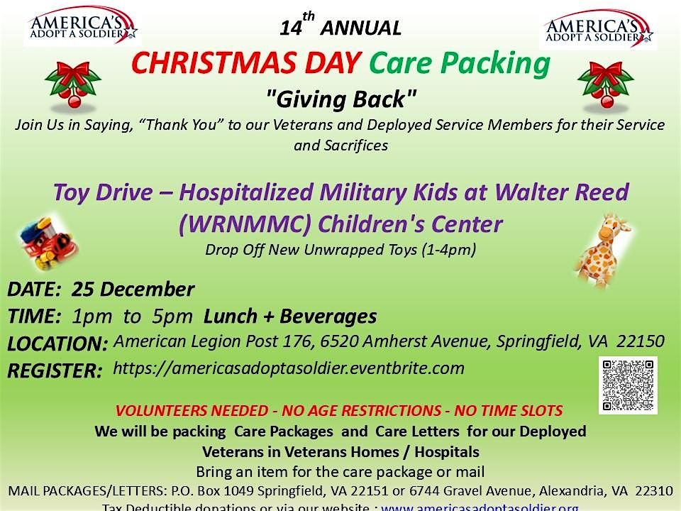 15 th Annual Christmas Day Care Packing for our Deployed & Toy Drive