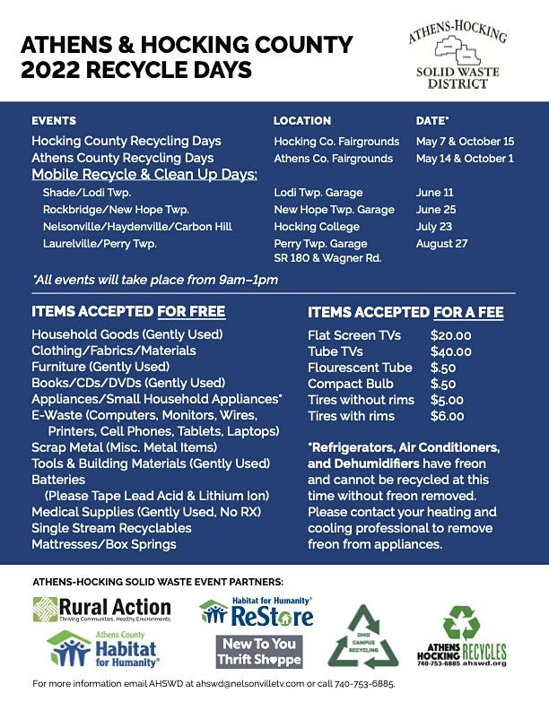 Athens County 2022 Recycle Days Athens County Fairgrounds October 1