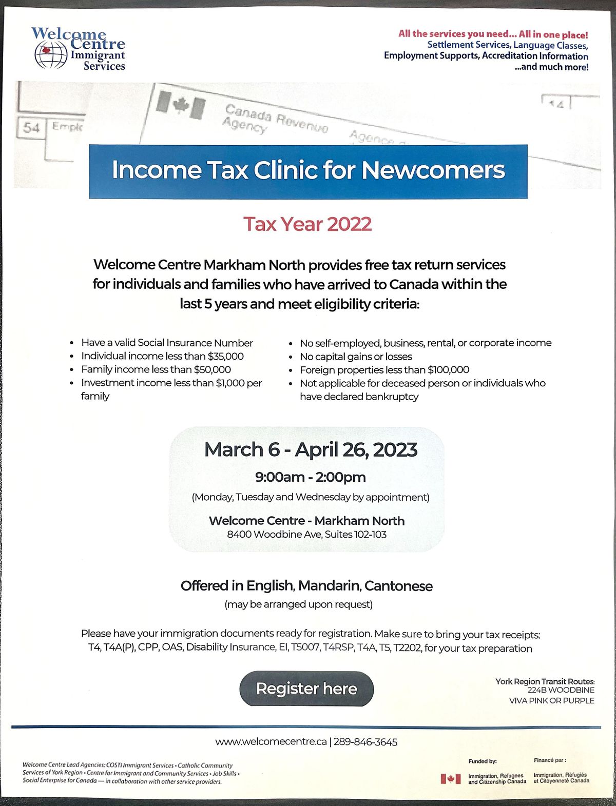 FREE INCOME TAX CLINIC FOR NEWCOMERS