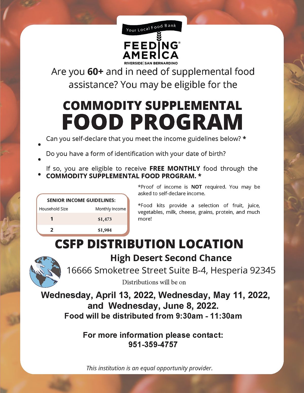 FREE Food Senior Distribution 60+ High Desert Second Chance High