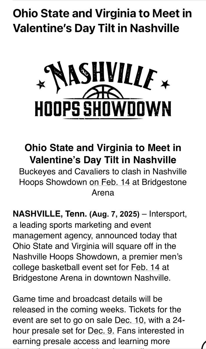 Nashville Hoops Showdown - Virginia Cavaliers vs Ohio State Buckeyes Mens Basketball at Bridgestone Arena