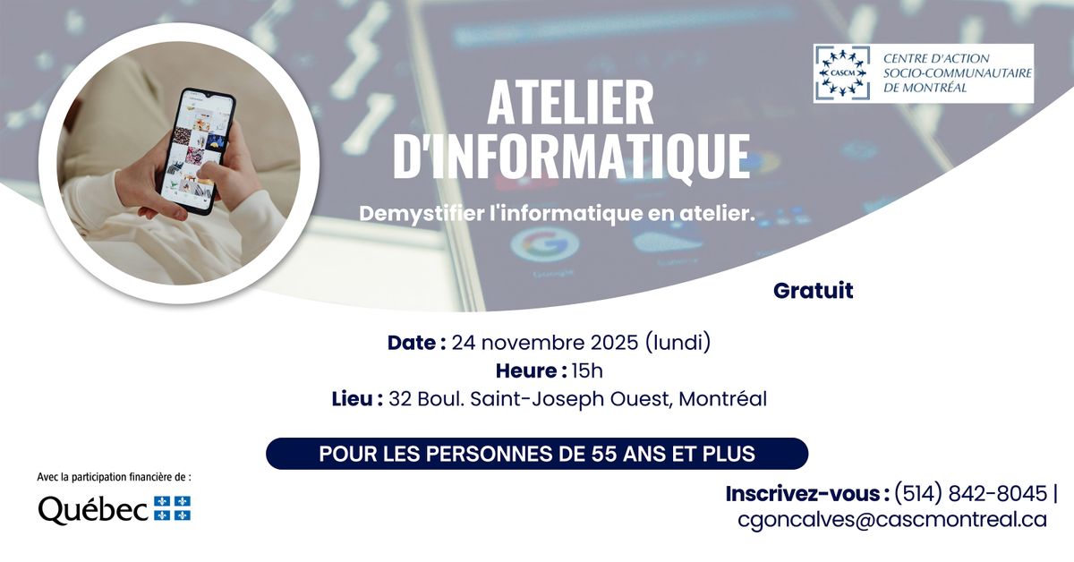 Atelier d\u2019Informatique \u2013 Pour les 55 ans et plus