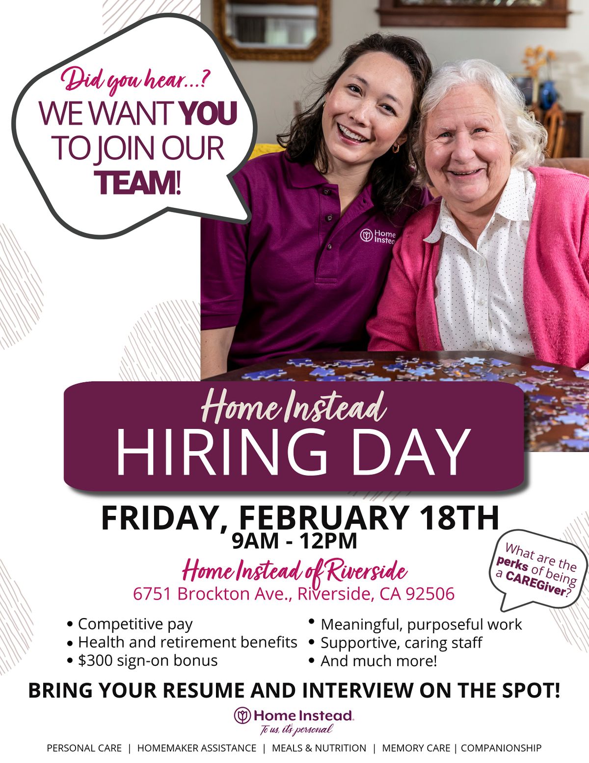 Home Instead Hiring Day for Caregivers! | 6751 Brockton Ave, Riverside ...