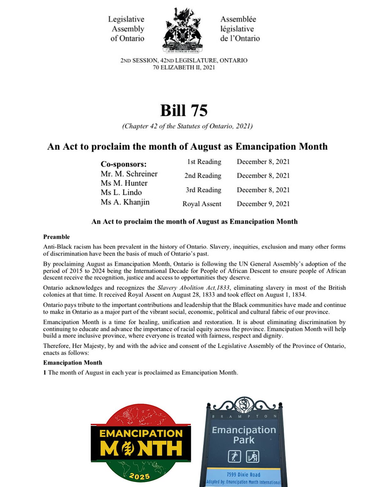 Emancipation Month Bill 75 4th Annual Royal Assent Anniversary