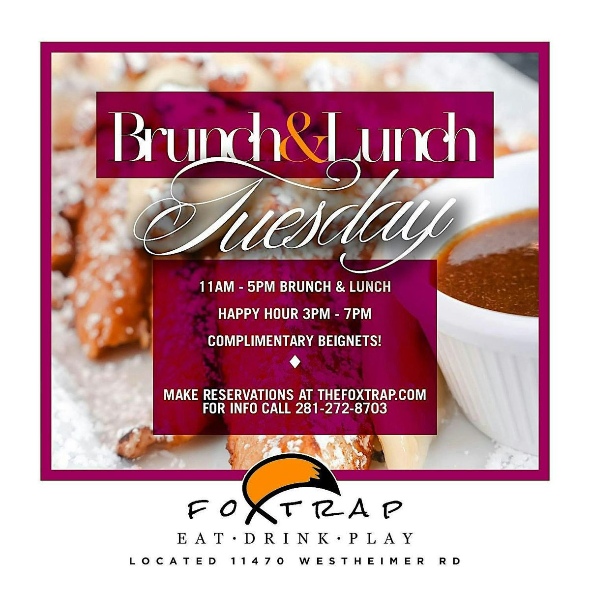 Tuesday Brunch & Lunch | Happy Hour | Hookah | Pool Tables | Free Beignets