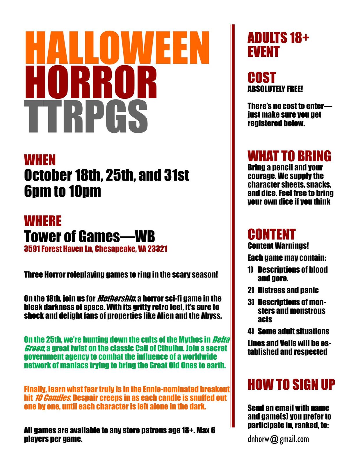 Halloween TTRPGS 10 Candles 3591 Forest Haven Lane, Chesapeake, VA