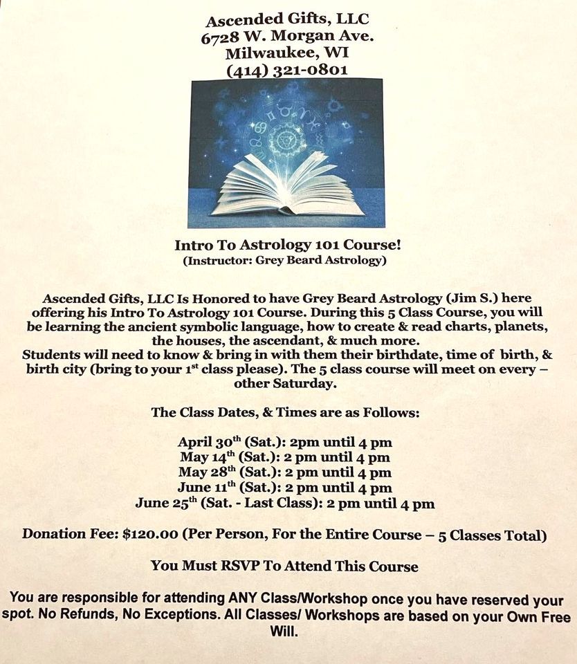 Intro To Astrology 101 Course! Ascended Gifts, LLC, Milwaukee, WI