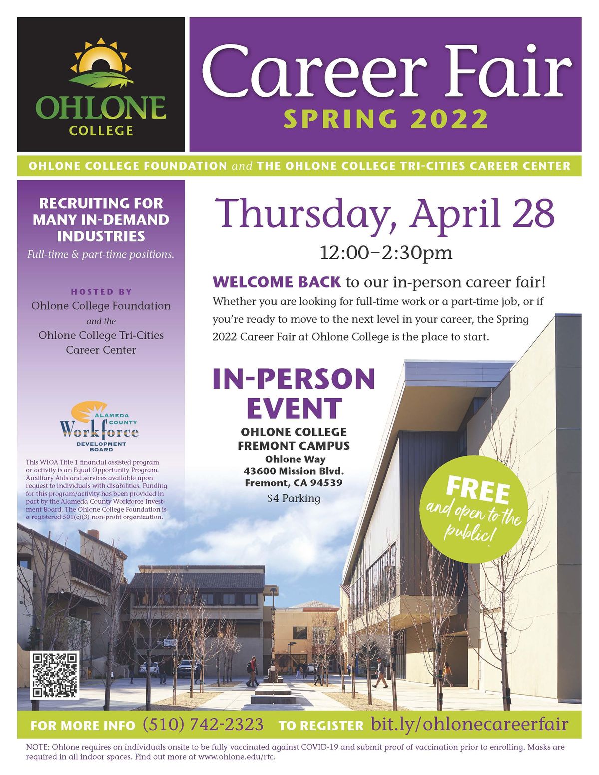 Spring 2022 InPerson Career Fair Ohlone College, Fremont, CA April