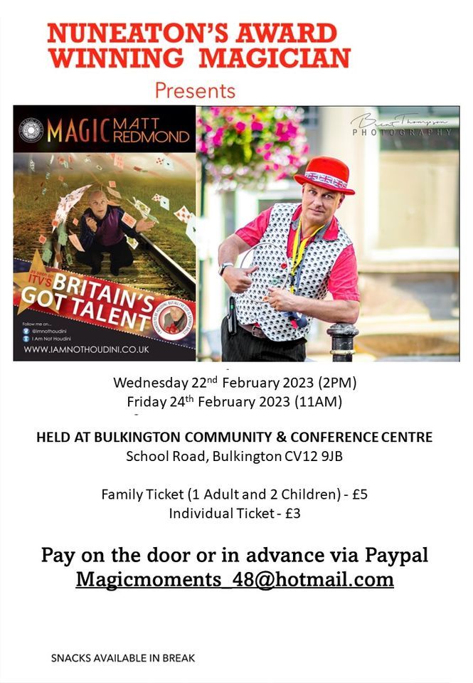 Magic Matt Redmond returns to BVC | Bulkington-Village Community-Centre ...