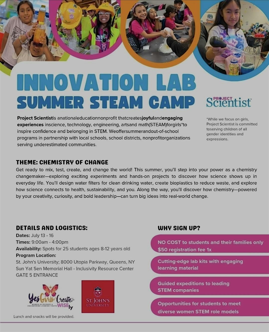 YGC x project Scientist summer enrichment Girls age 8-12