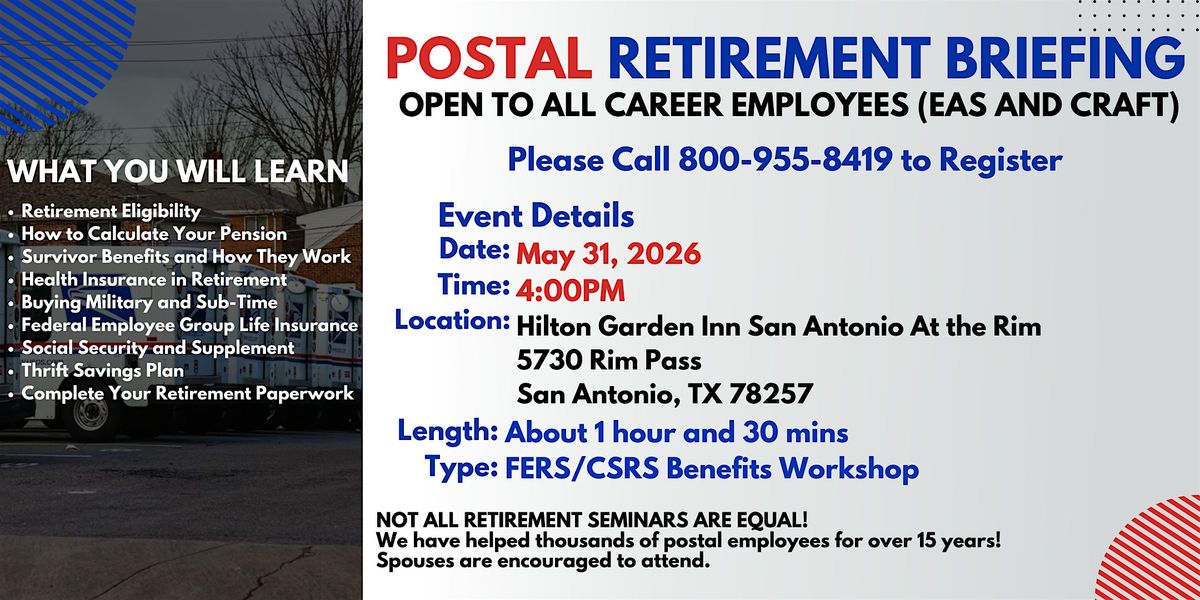Postal Retirement Seminar - San Antonio - 05\/31\/26 (4PM)