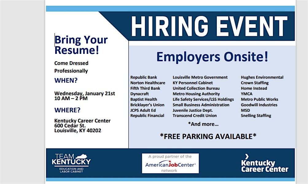 KY Career Center Job Fair at 600 Cedar St, Louisville on 21st January, 2026