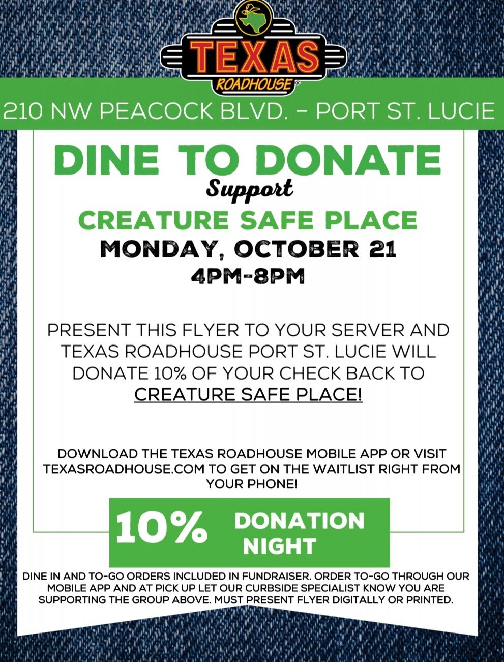 Texas Roadhouse Dine to Donate to support Creature Safe Place Texas