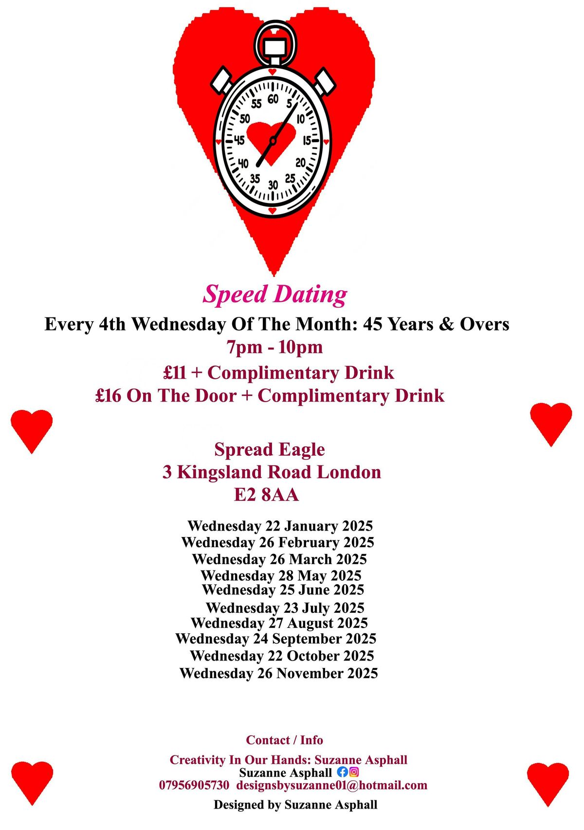 Speed Dating. Every 4th Wednesday of the month: 45 years & Overs.