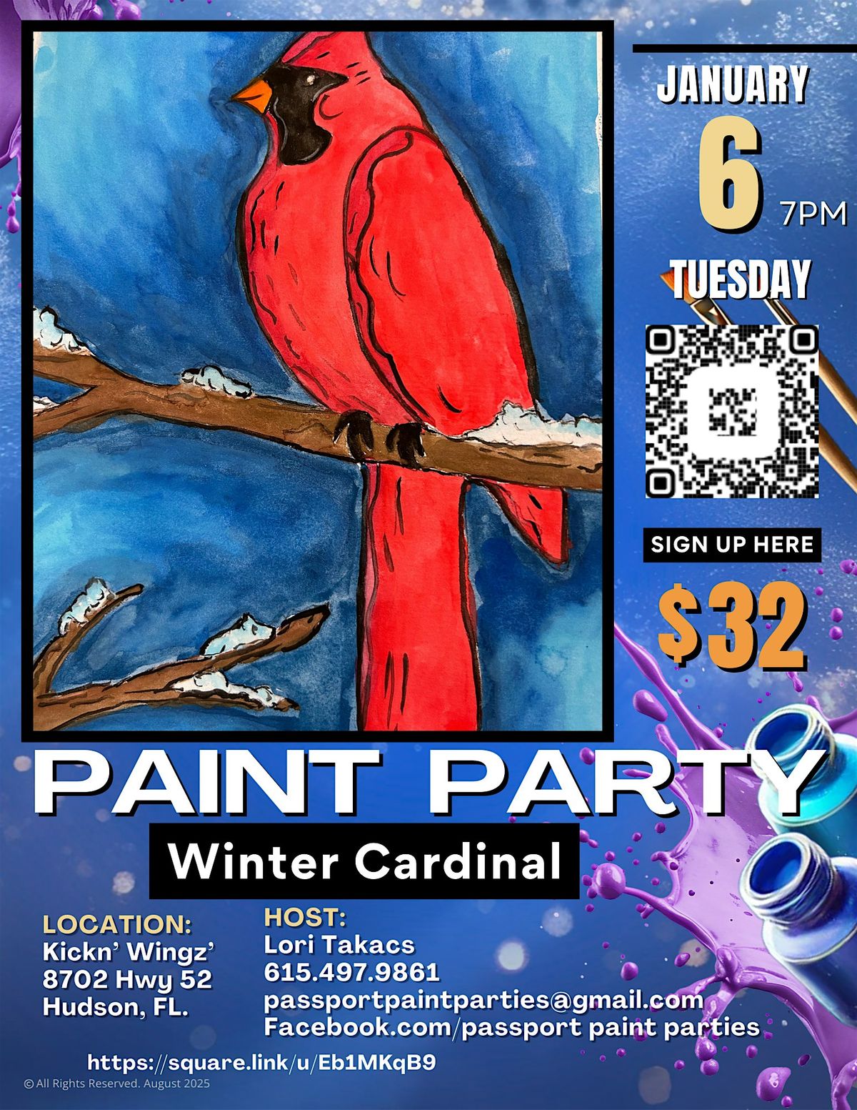 1.6.26 Winter Cardinal Watercolor Paint and Sip at Kickn'Wingz'.