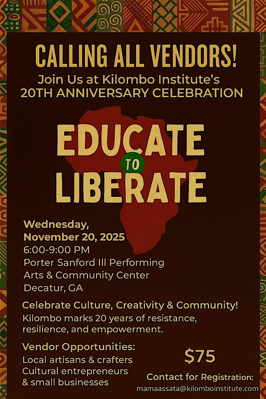 Vendors needed for Kilombo Institute 20th Anniversary