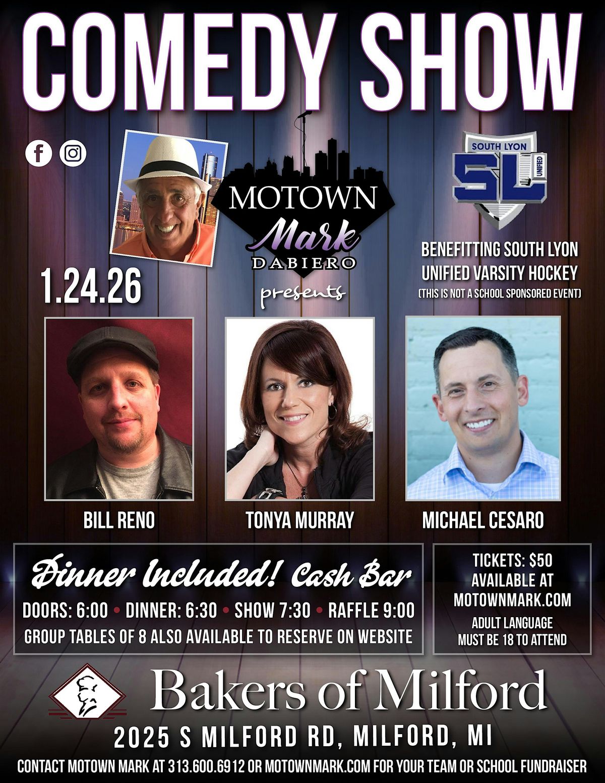 Motown Mark's Comedy Night back at Bakers of Milford with Dinner Included!
