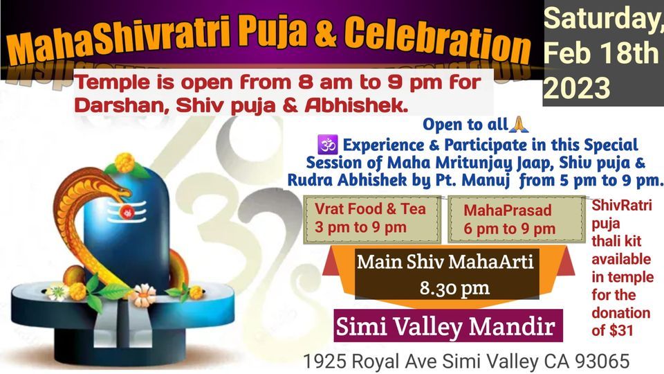 Maha ShivRatri 2023 Maha Mritunjay Puja at Simi Valley Mandir on 18th ...
