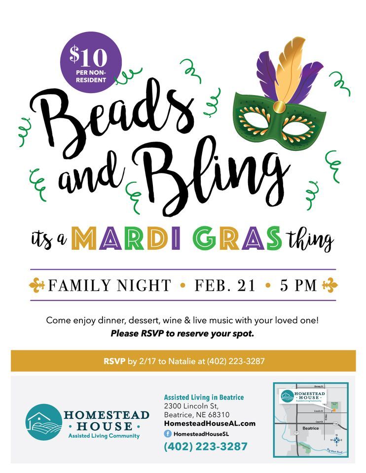 Family Dinner Night Mardi Gras Party Homestead House, Beatrice, NE