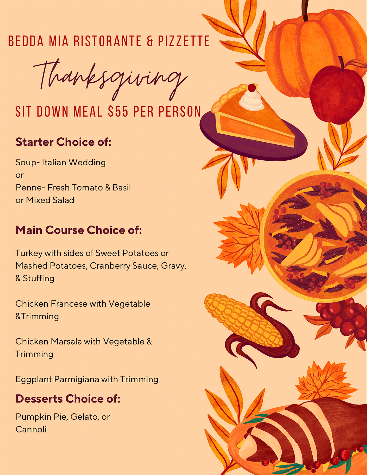 Two Menus. One Delicious Thanksgiving at Bedda Mia!