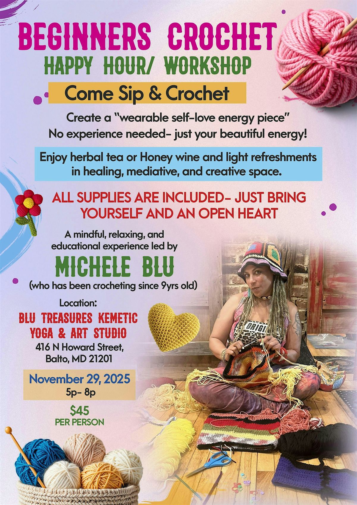 BEGINNER CROCHET WORKSHOP \u2014 HAPPY HOUR EDITION Come sip, relax, and crochet