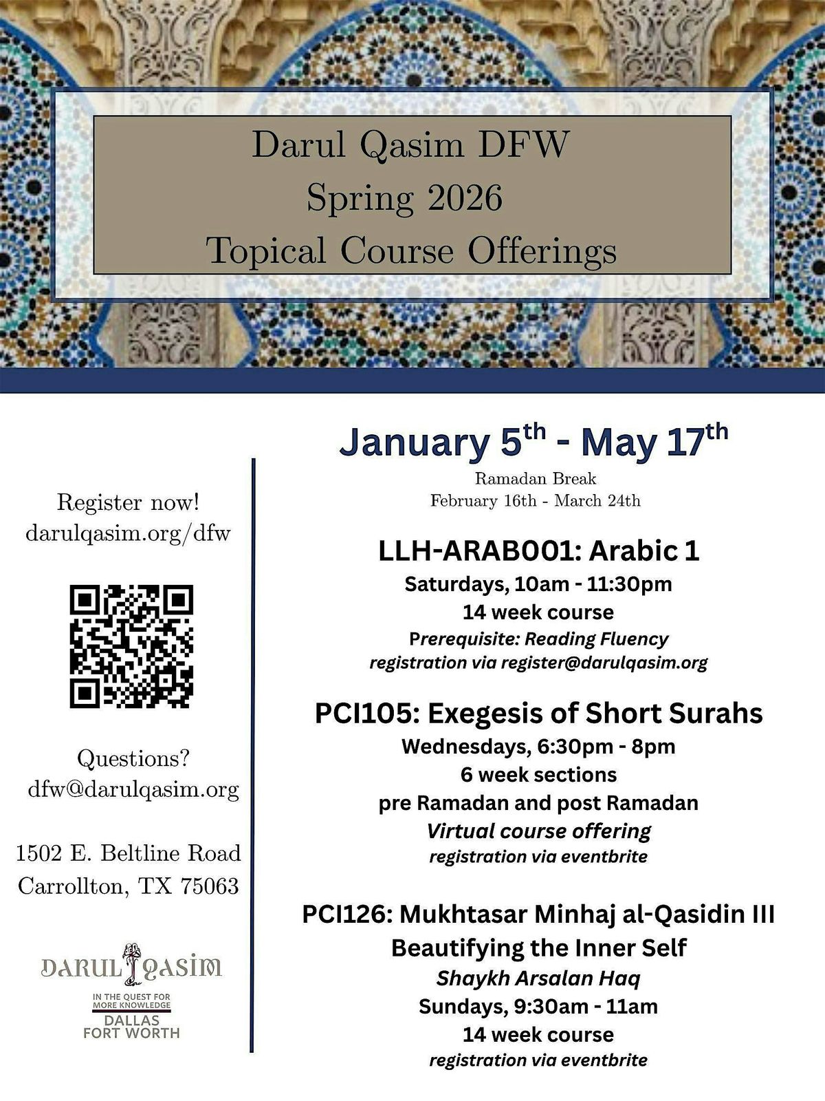Darul Qasim DFW Spring 2026 Topical Course Offerings