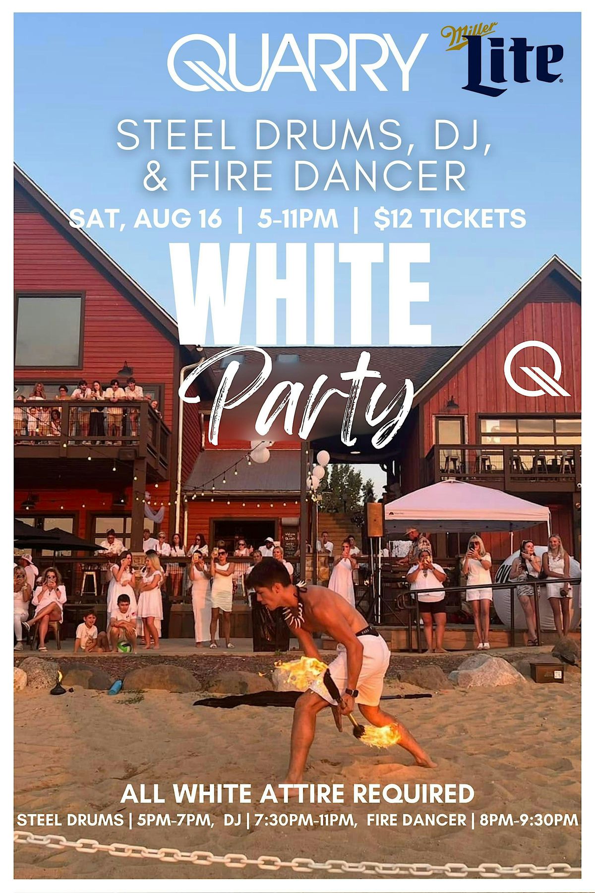 Beachside White Party with Steel Drums, DJ & Fire Dancer (All white attire)