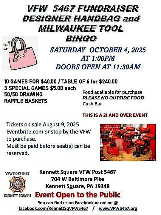 VFW 5467 DESIGNER HANDBAG AND MILWAUKEE TOOL BINGO FUNDRAISER