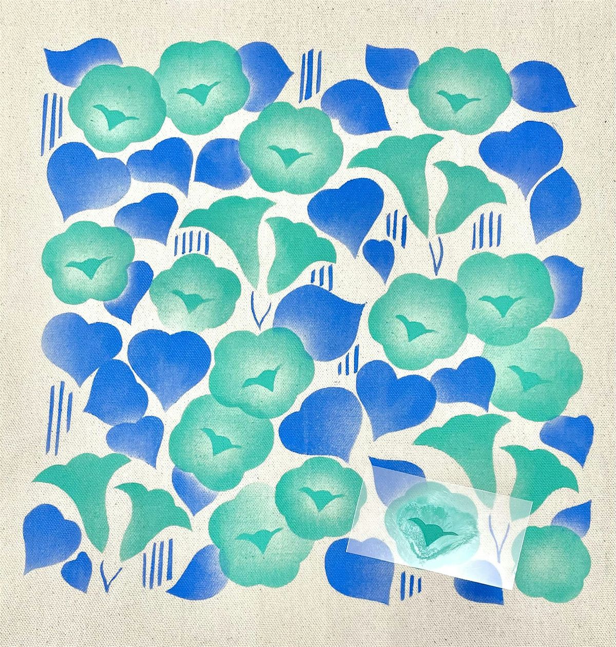 Design, cut and print a stencil printed repeat floral pattern for fabric