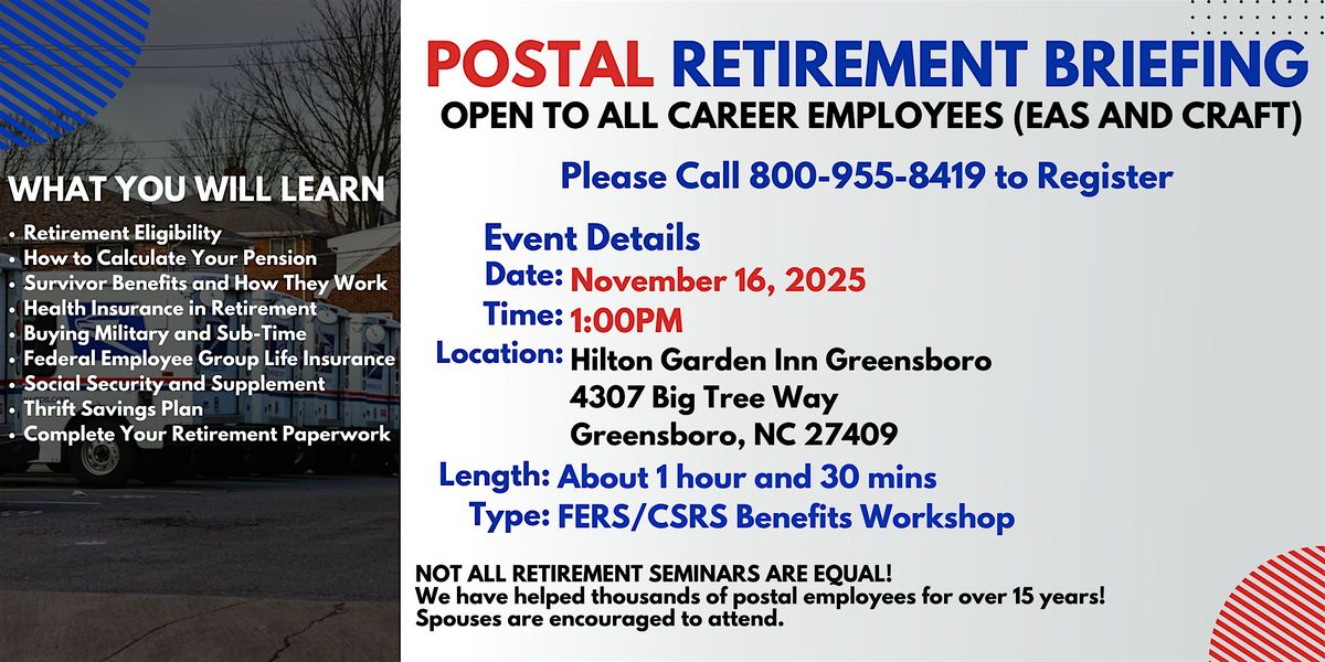Postal Retirement Seminar Greensboro - 11\/16\/25(1PM)