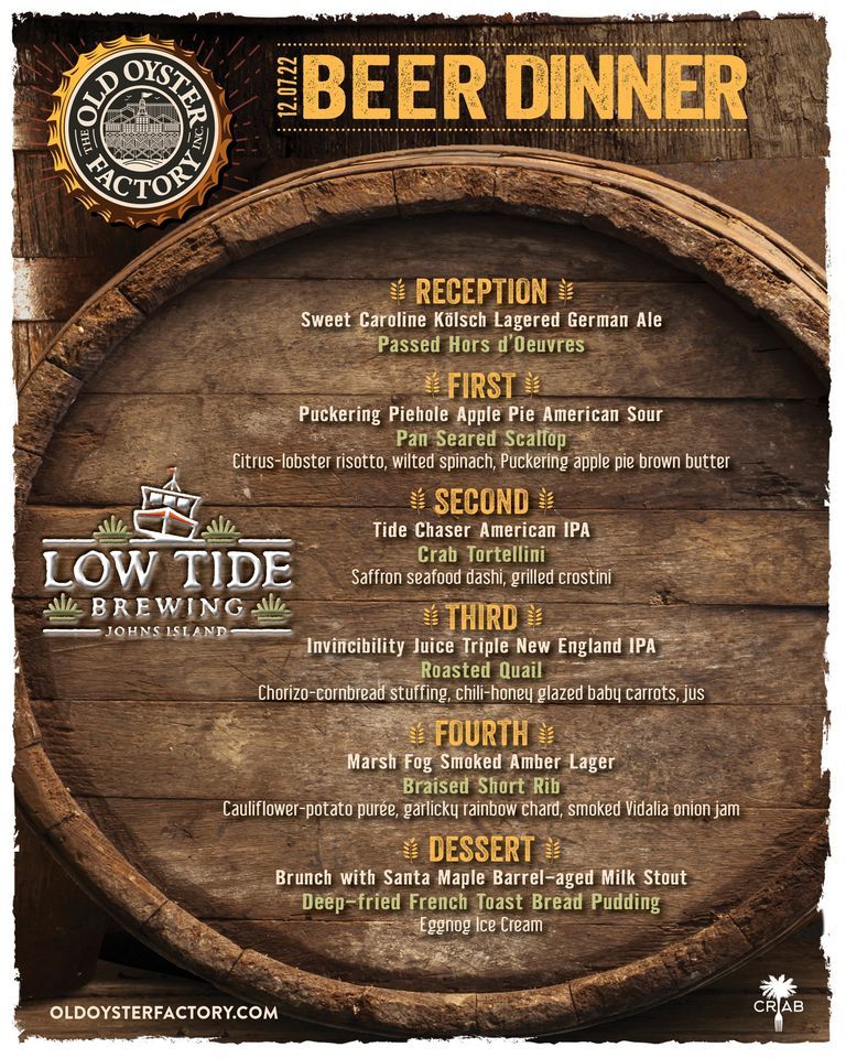 Low Tide Brewing Beer Dinner Old Oyster Factory, Hilton Head Island