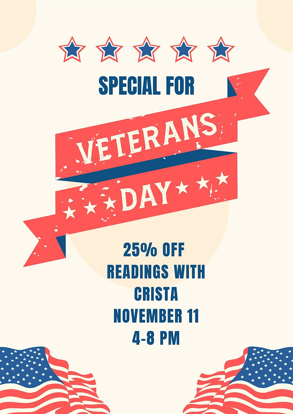 25% OFF-One Day Veteran's Day SPECIAL-Psychic Medium Floor Day with Crista