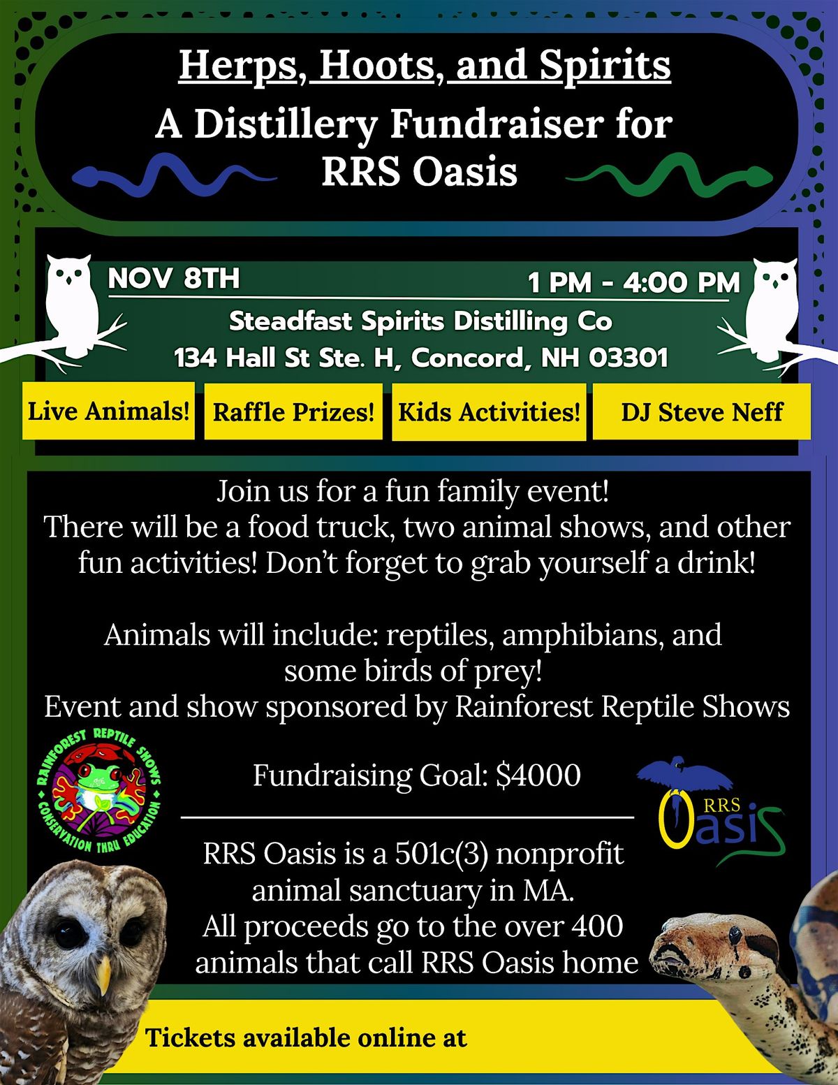 Herps, Hoots, and Spirits- A Distillery Fundraiser