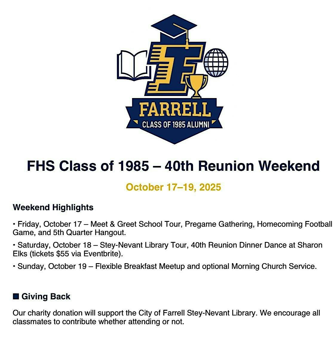 Farrell High School Class of 1985 \u2013 40th Reunion Weekend