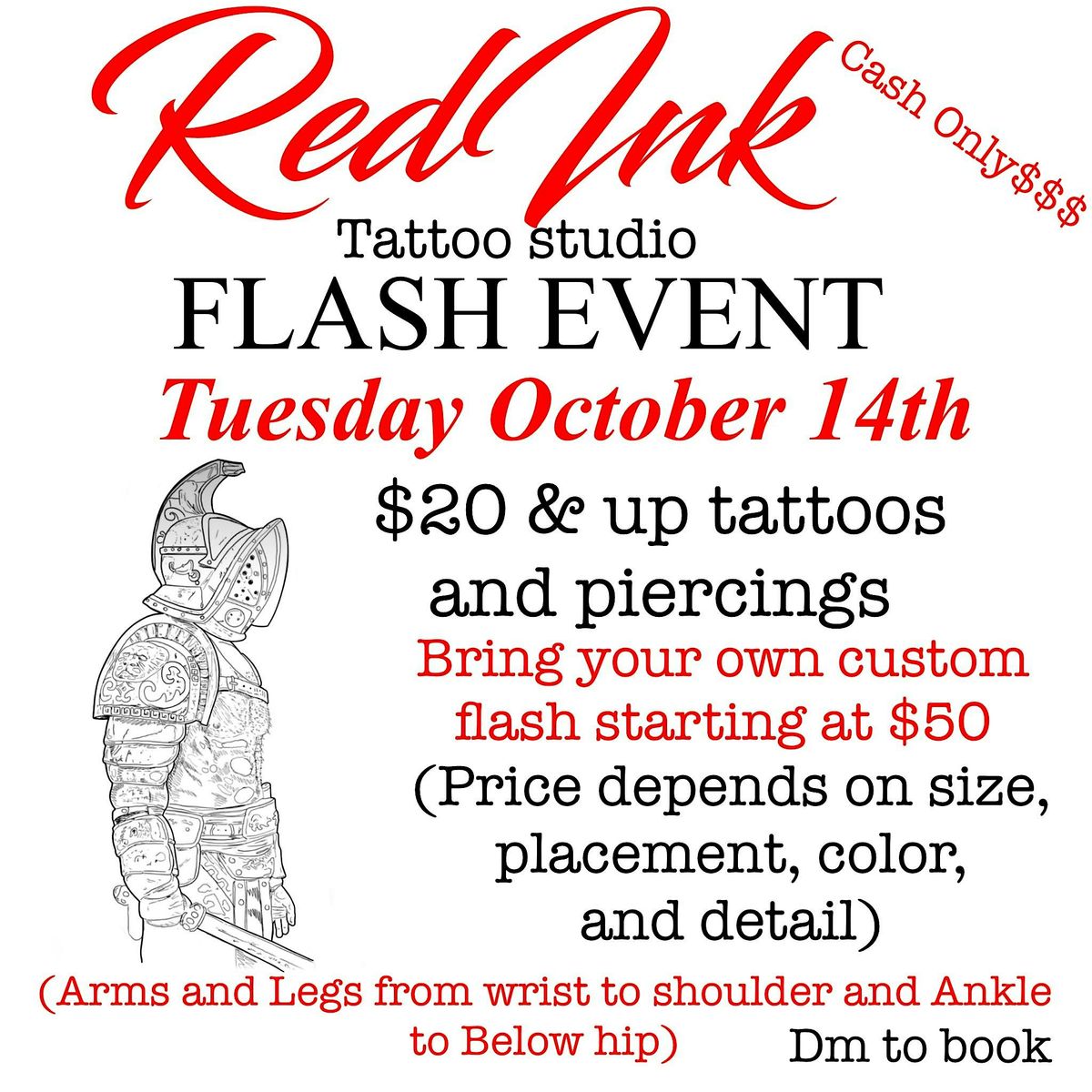 $20 AND UP FLASH TATOOS $10 AND UP PIERCINGS OCTOBER 14TH AT REDINK!!!!