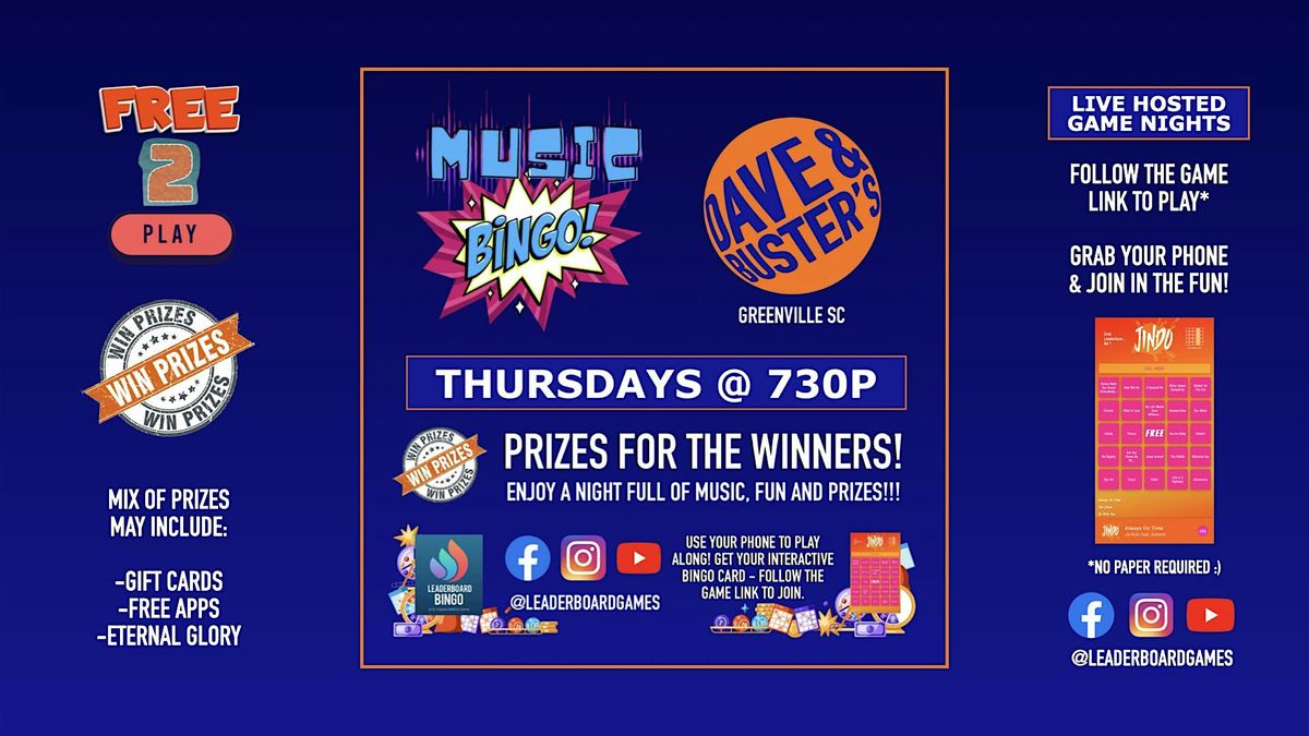 Music BINGO | Dave & Buster's - Greenville SC - THUR 730p @LeaderBoardGames