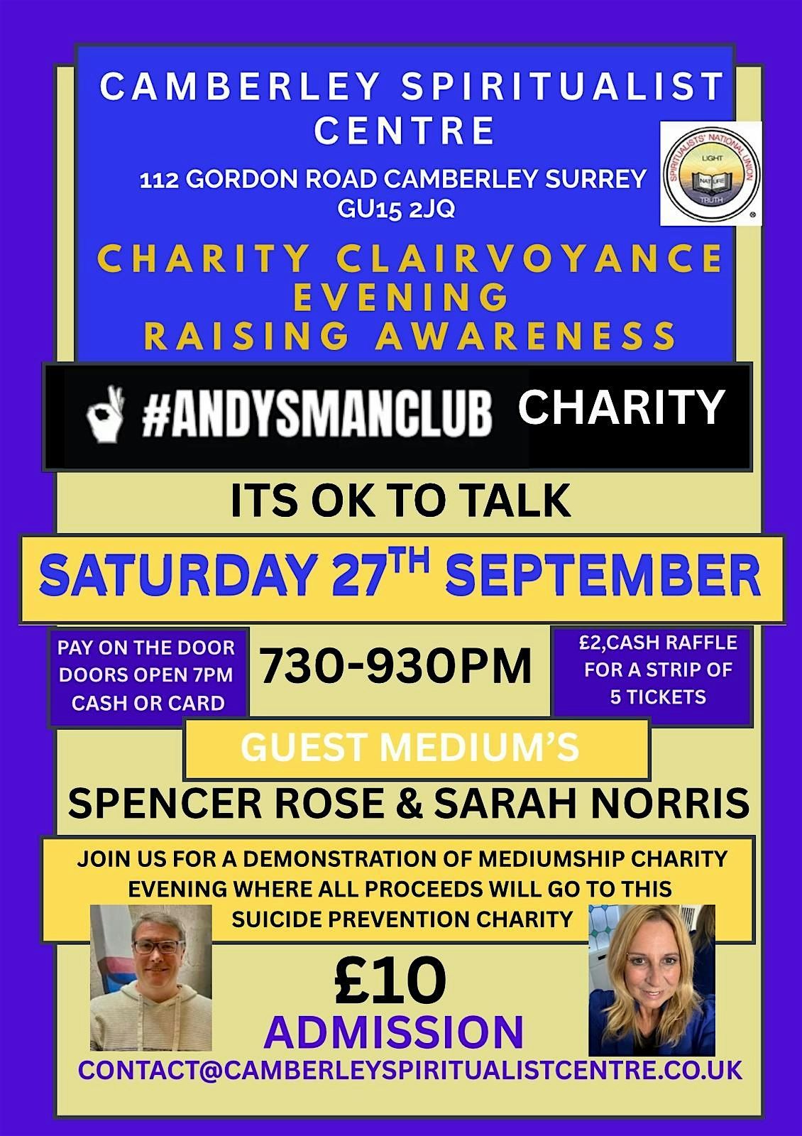 Evening of Clairvoyance in aid of Andys Man Club on 27th September