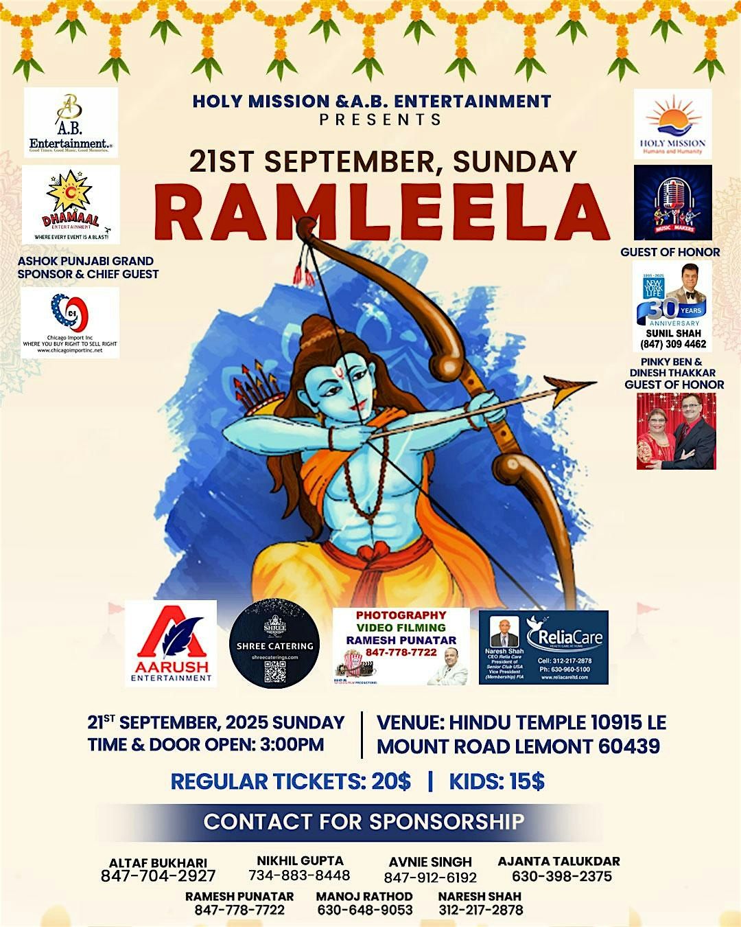 Ramleela on 21st September Sunday at Lemont Hindu Temple Auditorium