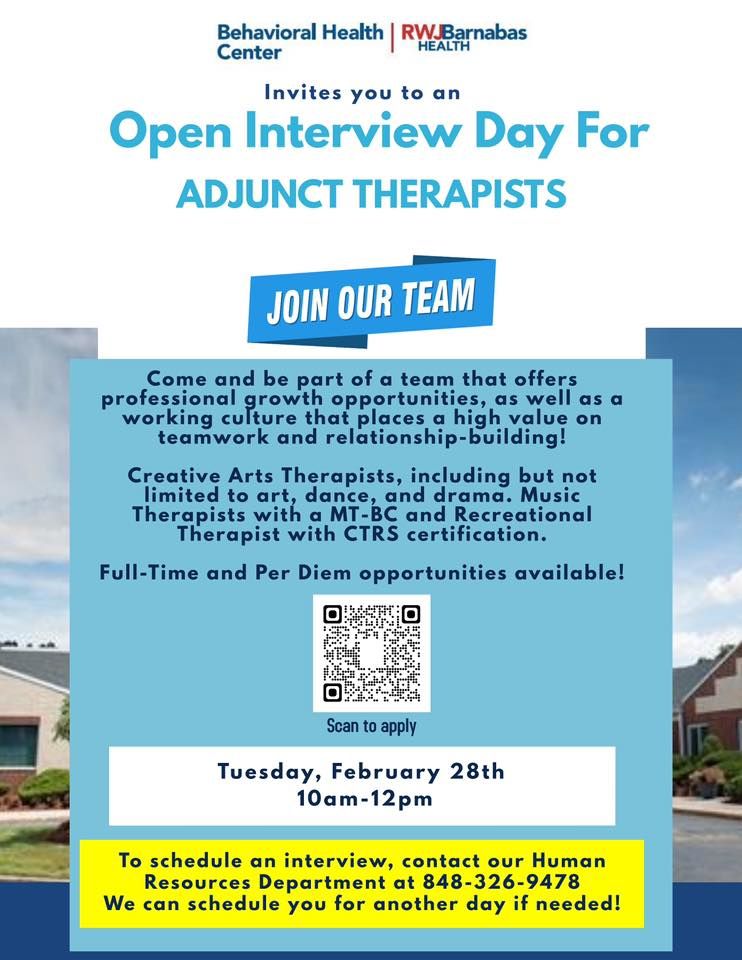 Adjunct Therapist Open Interview Day RWJBarnabas Behavioral Health
