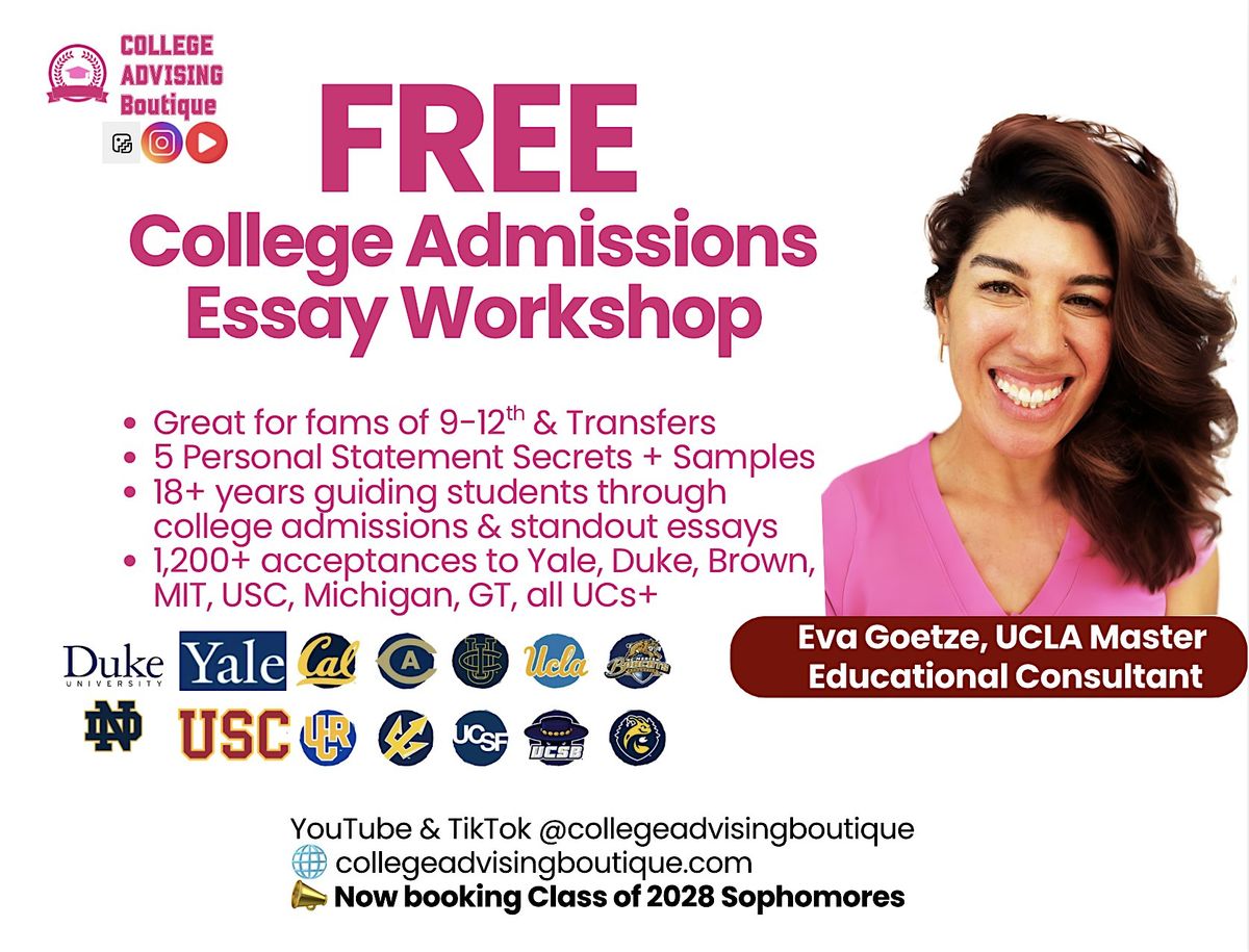 FREE COLLEGE ADMISSIONS ESSAY WORKSHOP (Teens, Transfers, & Parents)
