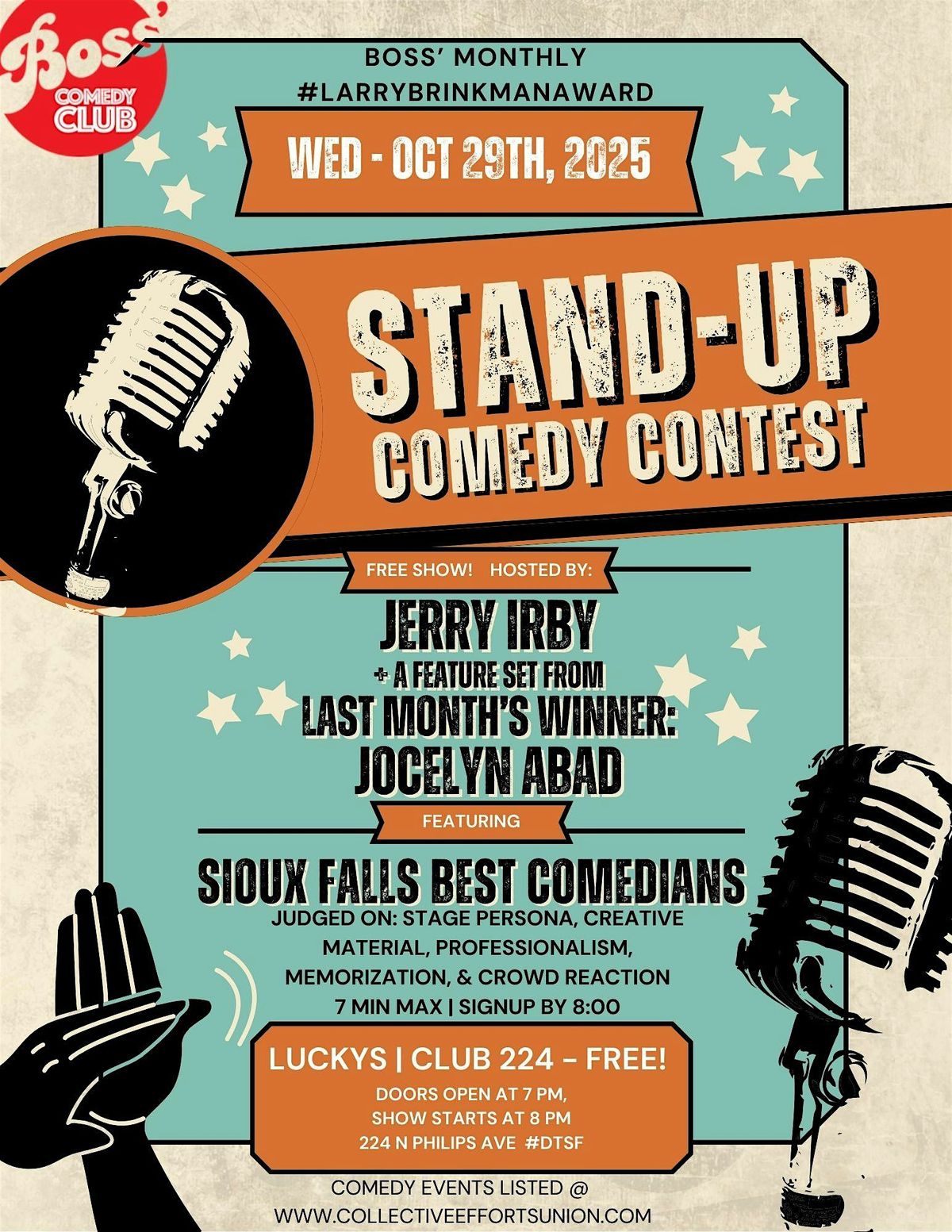 FREE SHOW! Monthly Sioux Falls Funniest Comic Contest #larrybrinkmanaward