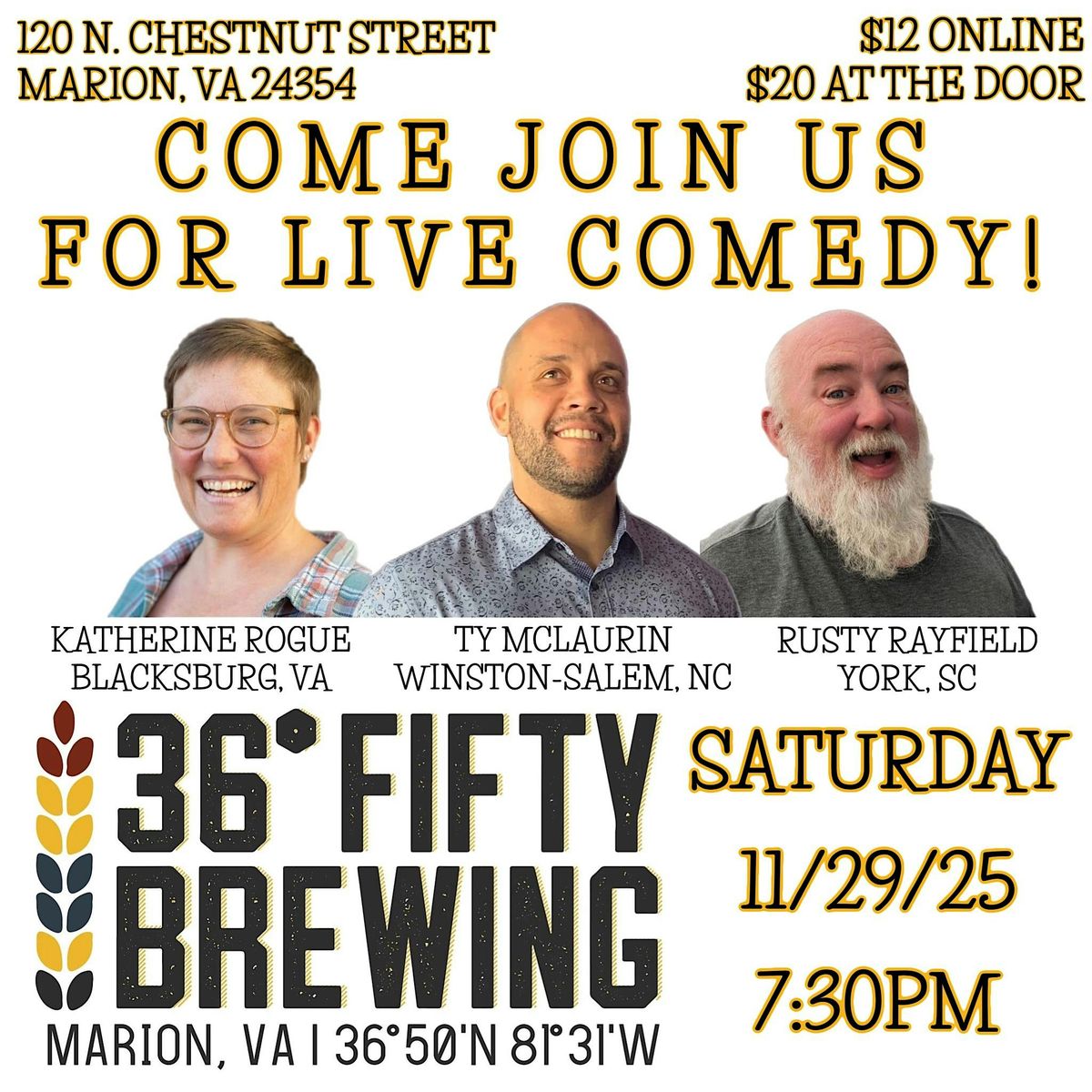 LIVE COMEDY AT 36\u00b0 FIFTY BREWING IN MARION, VA!