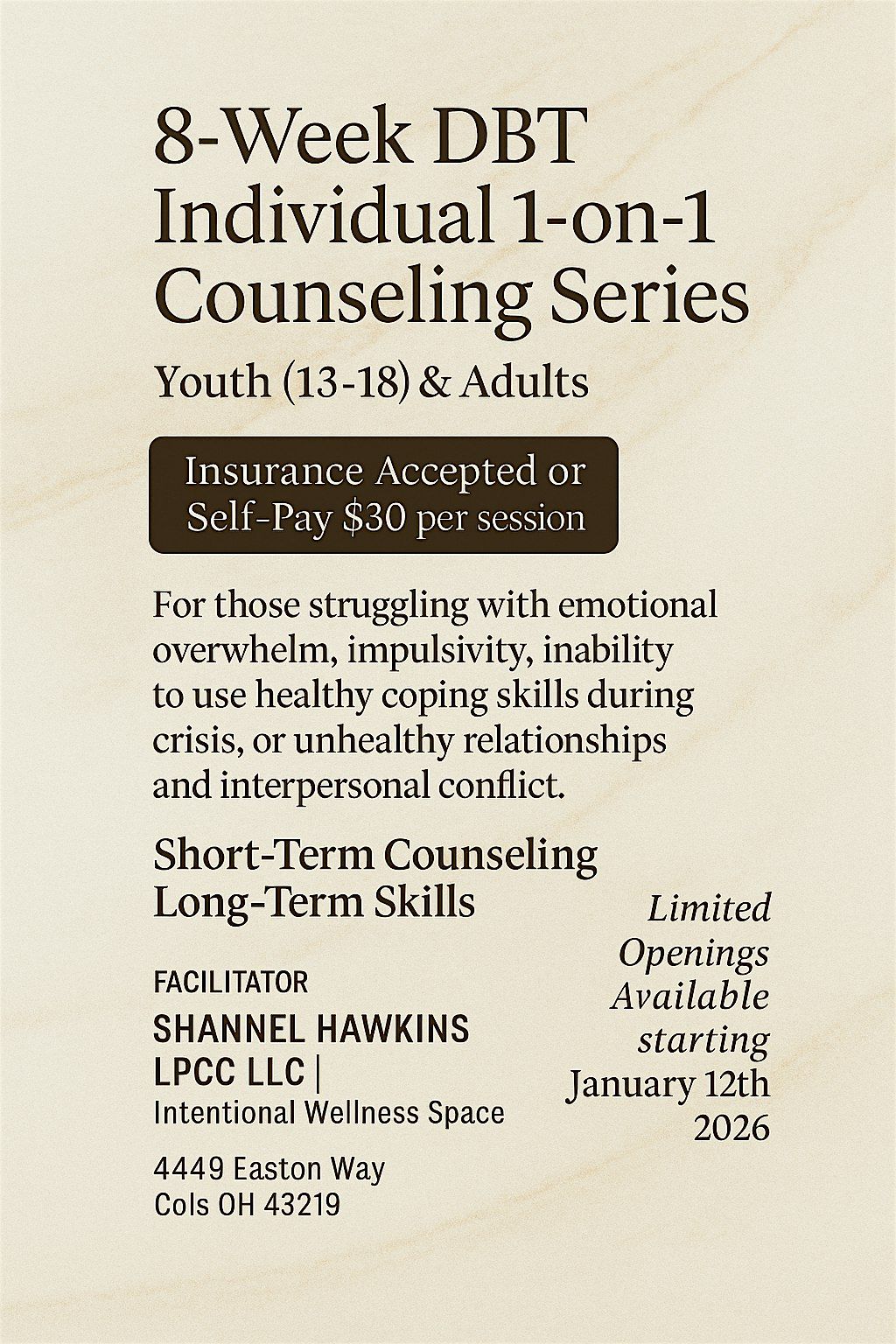 8 Week 1-on-1 Counseling Series. Short term counseling. Long term skills.