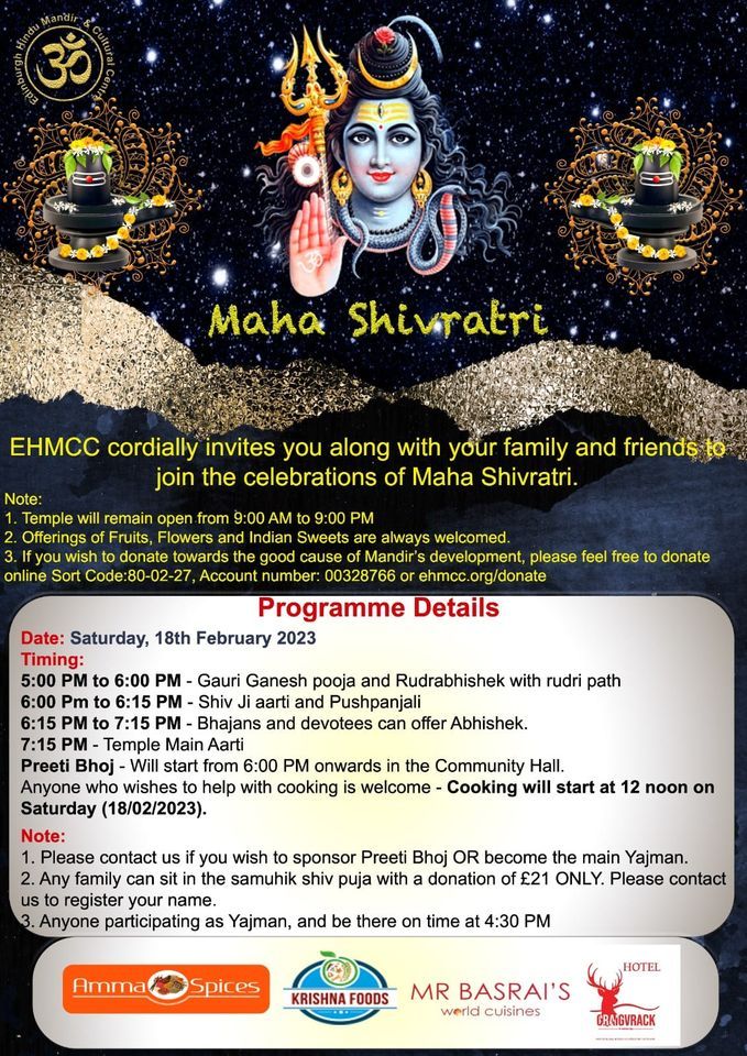 Maha Shiv Ratri at Edinburgh Hindu Mandir And Cultural Centre on 18th ...