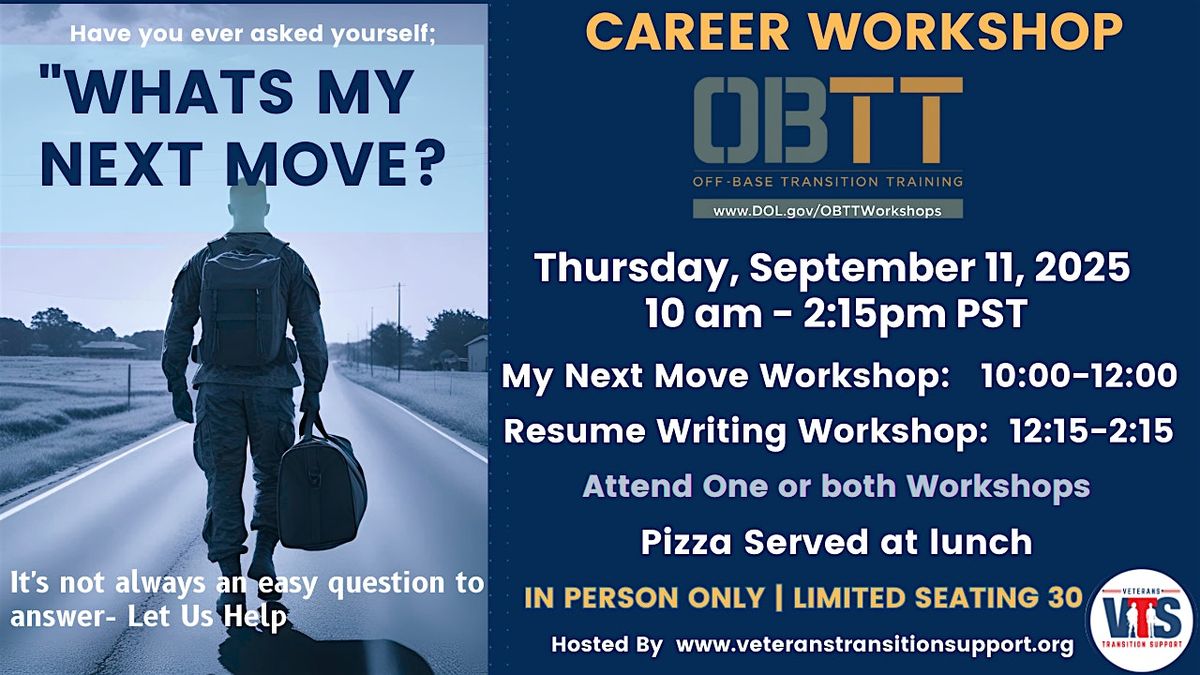 What\u2019s Next & Resume Workshop for Military \u2013 Sept 11, 10\u20132:15 San Marcos